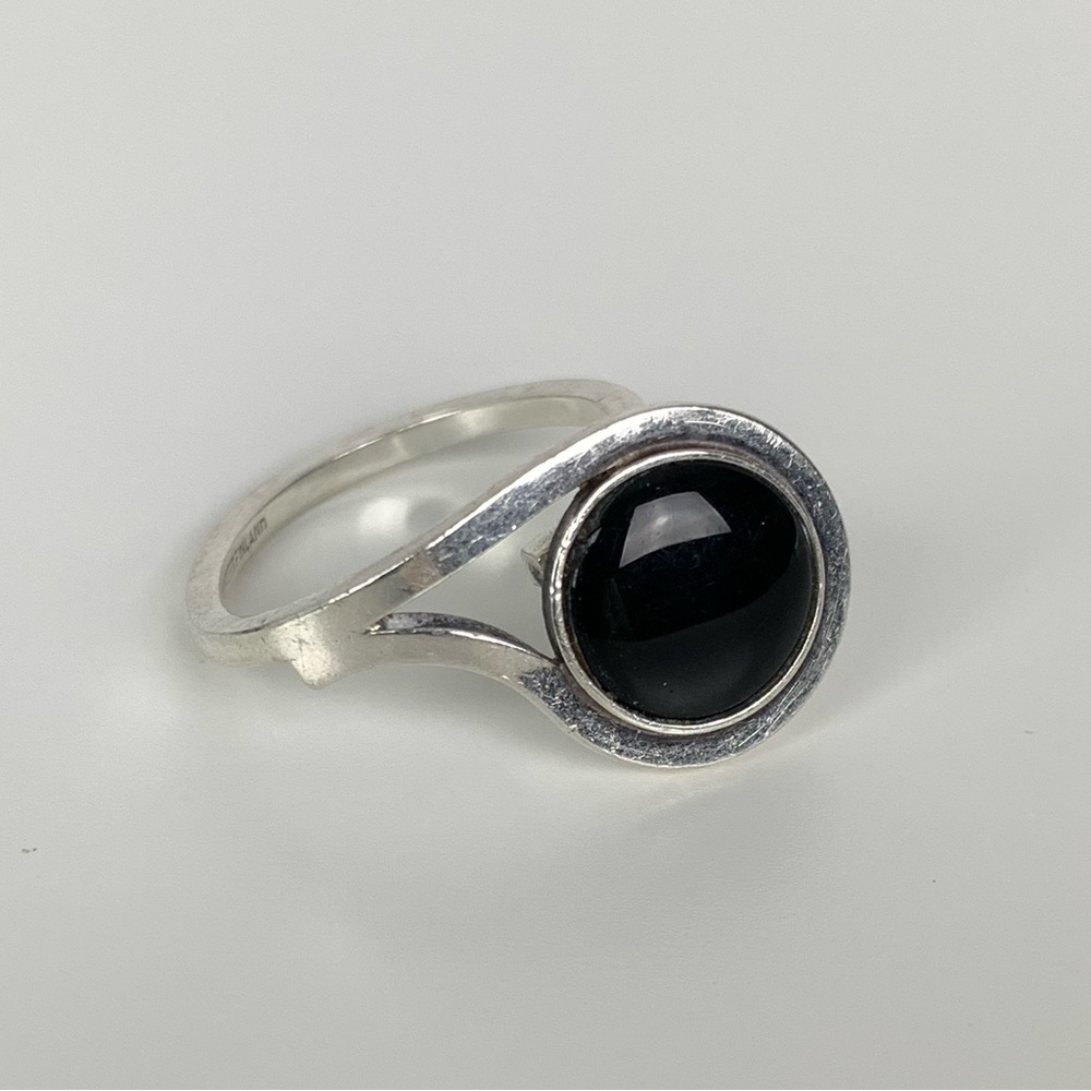 Sterling Silver Ring Black Round Stone Adjustable Finland Minimalist Gothic Punk